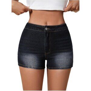 Dark Blue Women's High Waist Denim Shorts Straight Leg Roll Up Hem Button Jean